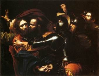 Caravaggio: The Taking of Jesus Judas betrays Jesus with a kiss